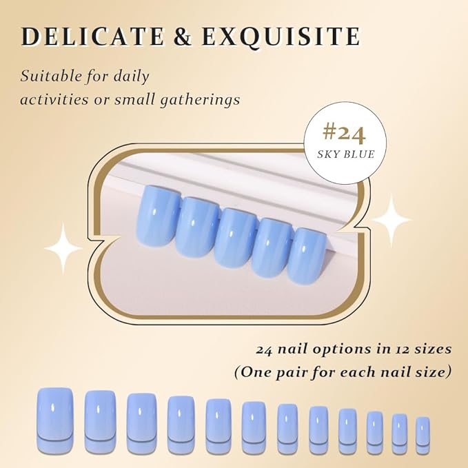 evpct Sky Blue Short Square Glossy Press on Nails for Women Gift, Glossy Sky Blue Fake Nail with Nail Kit Manicure Kit, Soft Gel Full Cover Reusable Stick on Soft Acrylic False Nails Perfectly Fit