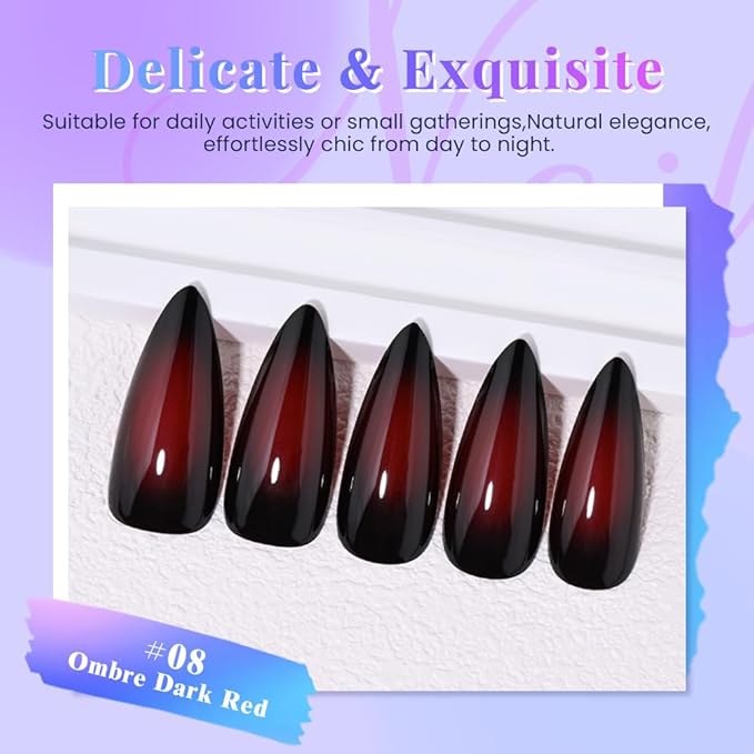 evpct Ombre Dark Red Press on Nails Medium Almond, Medium Almond Glossy Stick on Nail for Women Gift with Manicure Kit, Reusable Full Cover Soft Stick on Fake Nail with Ombre Design Perfectly Fit