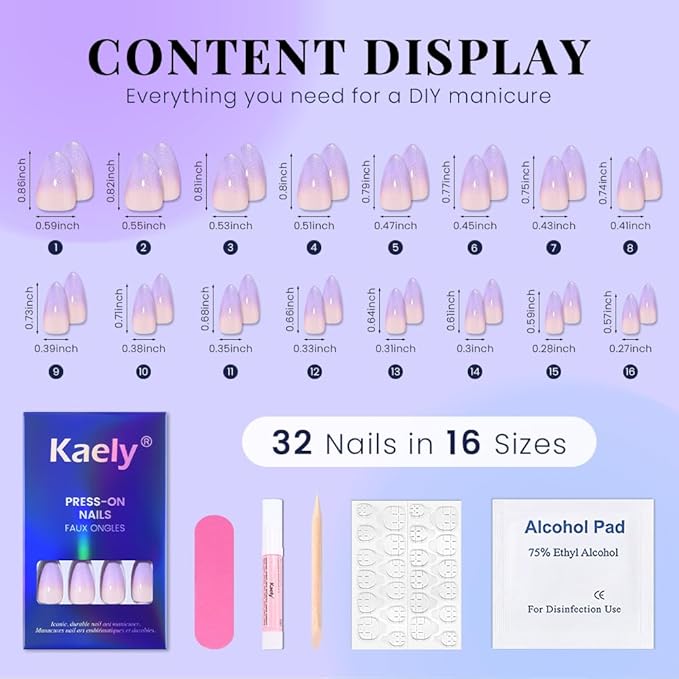 evpct Ombre Nude to Orchid Press on Nails Short Almond, Short Almond Glossy Stick on Nail for Women Gift with Manicure Kit, Reusable Soft Gel Stick on Fake Nail with Glitter Designs Perfectly Fit