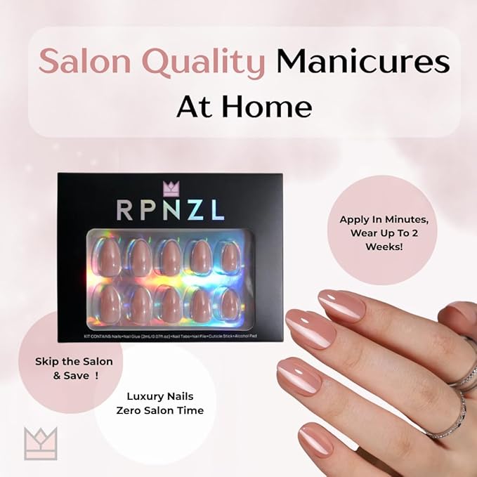 RPNZL Press On Nails - Silk Blush | Pearl Chrome Nude Medium Almond Fake Nails, Salon Quality | 32 Nails, 16 Sizes Kit with Glue and Adhesive Tabs I Female Founded - Beauty, Self Care