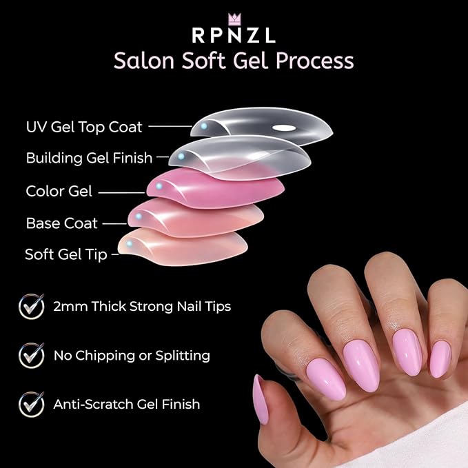 RPNZL Press On Nails - Pretty In Pink | Pink Medium Almond, UV Finish, Reusable | 32 Nails, 16 Sizes Kit with Glue and Adhesive Tabs I Female Founded