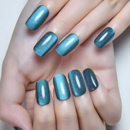Teal Green Cat Eye Press on Nails Medium Square, Medium Square Press Stick on Nails Chrome for Women Gift, Green Holographic Glitter Glossy Reusable Soft Acrylic Fake Nail with Cateye Effect Design