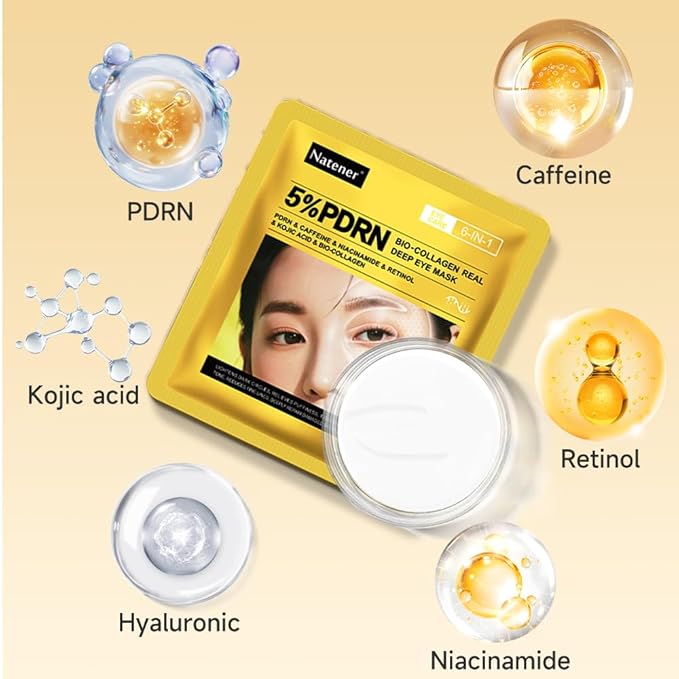8 Pairs 5% PDRN Under Eye Patches, 6-in-1 Bio-Collagen 360° Eye Patches for puffy eyes, dark circles & Wrinkle | 2% Caffeine, Kojic acid, Retinol, Hyaluronic, Niacinamide | Korean Popular Eye Mask