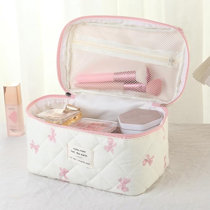 Bow Makeup Bag Organizer, Travel Makeup Bags for Women, Quilted Cosmetic Bag for Women, Large Travel Toiletry Bag, Cute Makeup Bags for Teen Girls, Cute Toiletry Bag Organizer