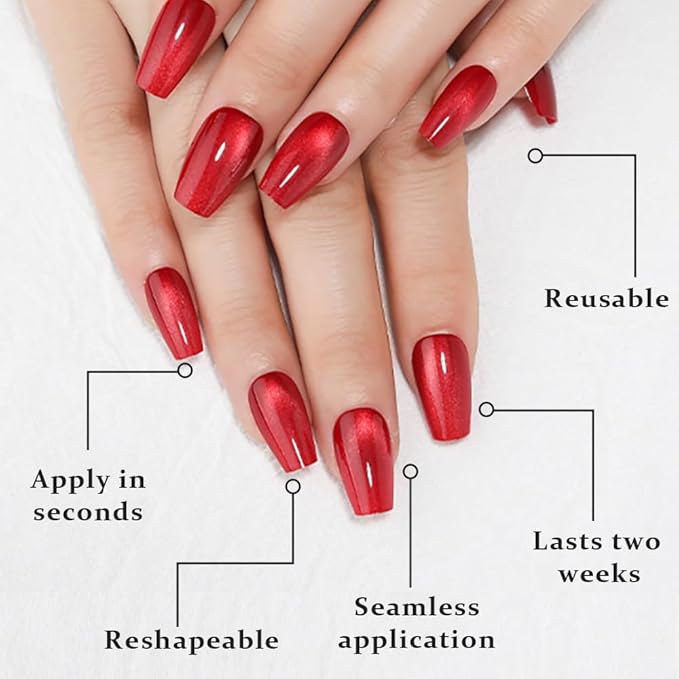 evpct Red Cat Eye Press on Nails Square Medium Coffin, Medium Square Stick on Nails for Women Gift, Red Metallic Glitter Glossy Reusable Spring Summer Soft Gel Press on Acrylic Fake Nail with Designs