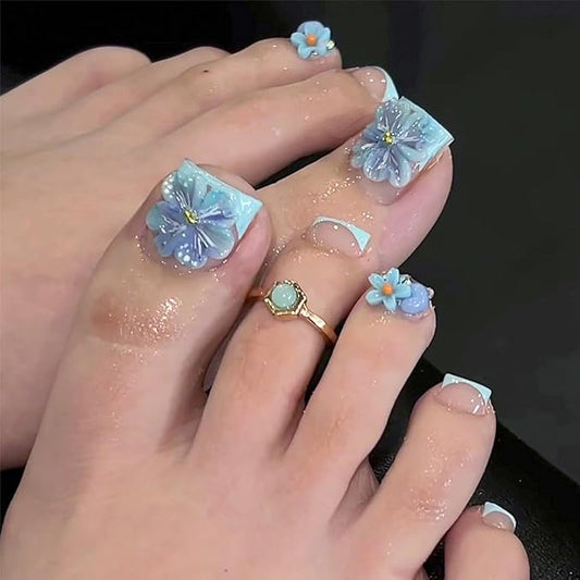 24pcs Summer Blue Press on Toenails 3D Flower Fake Toenails Press On Nails Short French Toe False Nails Flash Diamond Decor Feet Nail Art Short Square Summer Nail Tips for Women