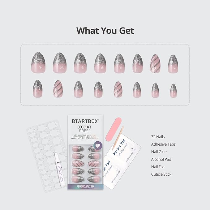 BTArtbox French Tip Press On Nails - Sparkle Bow, Lamp-Curable Short Almond Press On Nails with Glue and Adhesive Tabs for Women in 16 Sizes - 32 Soft Gel Glue On Nails Kit