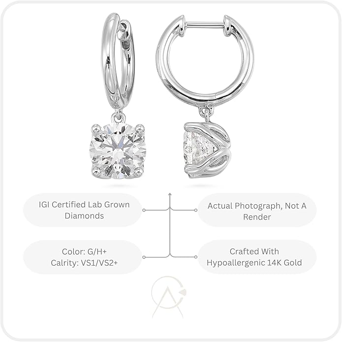 1/2 to 4 Carat Lab Grown Diamond Huggie Hoop Earrings for Women I 14k Gold Earrings (G-H, VS1-VS2, 0.50 to 4.00 cttw) Dangling Drop I Brilliant Cut Diamond Hoops by Carbon Atelier