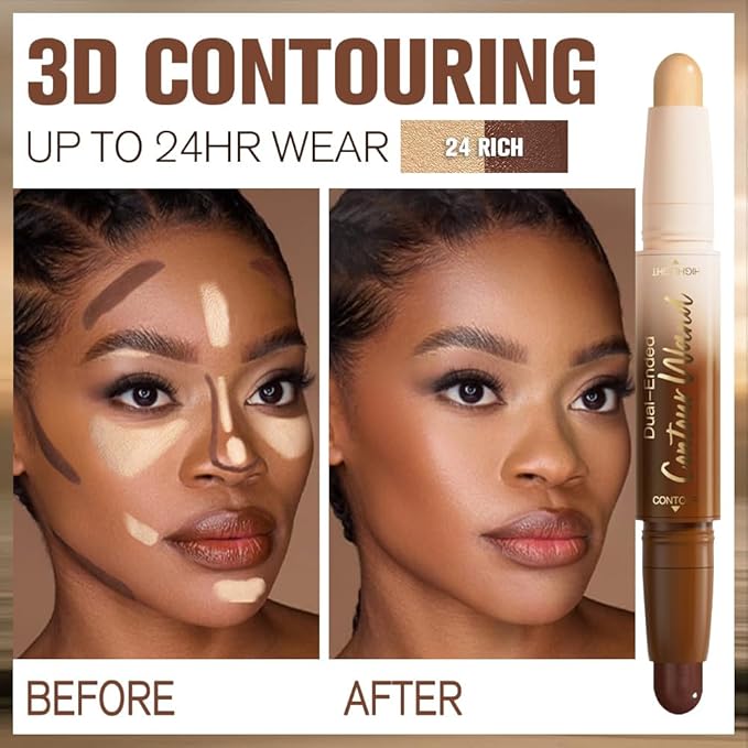 2Pcs Cream Foundation Stick Face Body Makeup Dual Ended, Nude Light Beige & Nude Brown no Transfer Waterproof 2in1 Cream Concealer Stick Contouring Makeup Set, Nose Contour Bronzer Sticks Highlighter