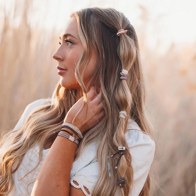 K'lani Faith Bracelets for Women – Elastic Bracelets and Boho Hair Ties – Cute Hair Ties for Women and Hair Tie Accessories – Stylish Bracelets Boho Style for Hair and Wrist – Set of 5 (Medium)