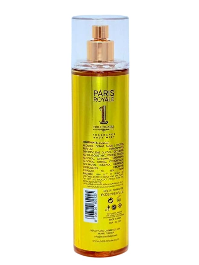 Paris Royal 1 Trillionarie Body Mist for Women, 8 Fl Oz - Opulent Fruity Floral Fragrance - Luxurious & Alluring Body Spray (1 Trillionarie)