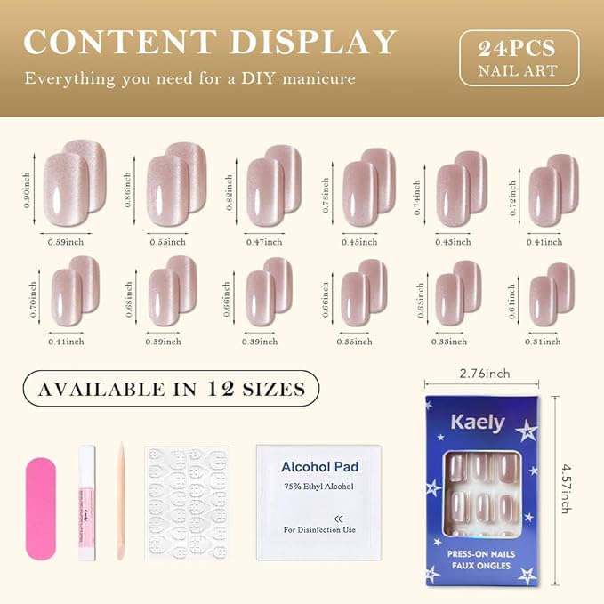 Light Nude Cat Eye Press on Nails Medium Square, Medium Square Press Stick on Nails Chrome for Women Gift, Nude Holographic Glitter Glossy Reusable Soft Gel Acrylic Fake Nail with Cateye Effect Design