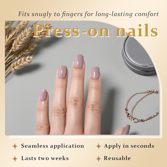 evpct Acrylic Taupe Glossy Press on Nails Short Square, Glossy Taupe Fake Nails Reusable False Nail Stick on Press ons for Women Gifts, Perfectly Fit Durable False Nail Kit with Gel Gel 30Pcs