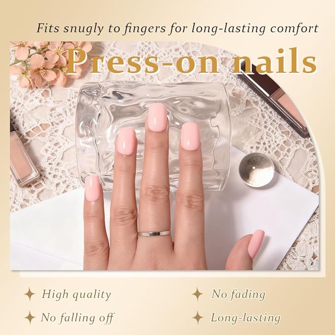 evpct Light Nude Pink Short Press on Nails Square, Glossy Soft Gel Acrylic Fake Press on Nails Manicure Kit, Reusable Artificial Stick on Nail for Women, Full Cover Easy Application Easy At-Home Salon