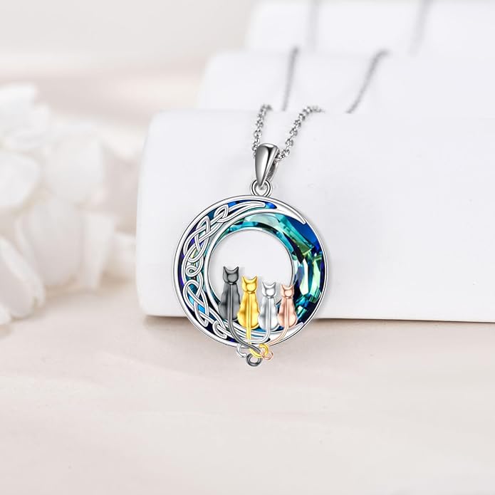 TOUPOP Cat Gifts for Cat Lovers One Two Three Four Cats Necklace Sterling Silver Cats on the Moon Pendant Necklace with Blue Circle Crystal Birthday Christmas Celtic Jewelry Gifts for Women