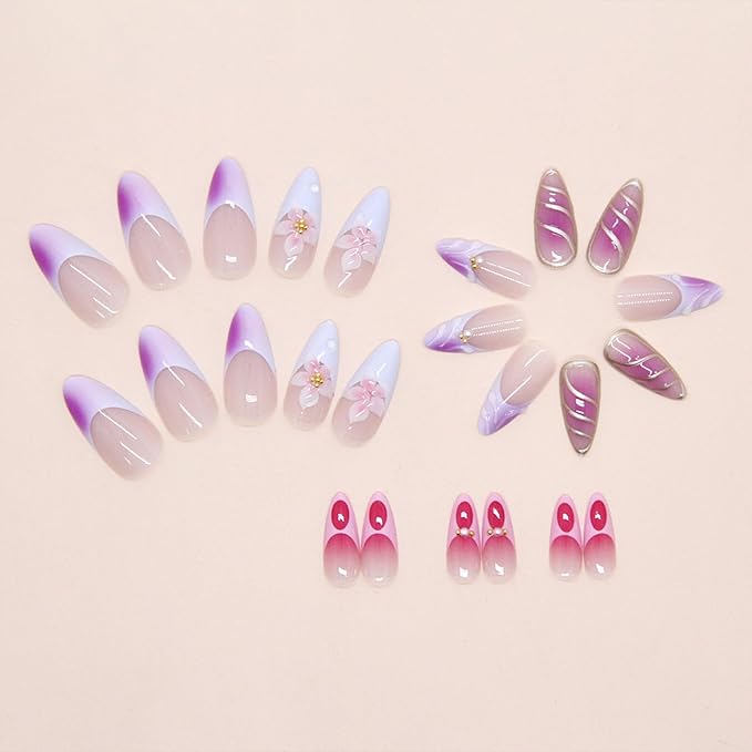 JONKASIPA 24 Pcs Press On Nails, Pink Acrylic Fake Nails French 3D Flower Pearls Decorative Nail Art for Women