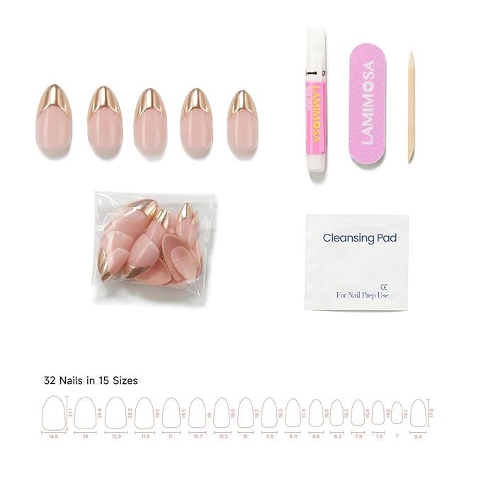 LAMIMOSA 32Pcs Press On Nails Short Almond - Gold French Tip Press on Nails, Soft Gel Fake Nails in 16 Sizes, Reusable Glue on Nails Kit, GOLD BLESSED