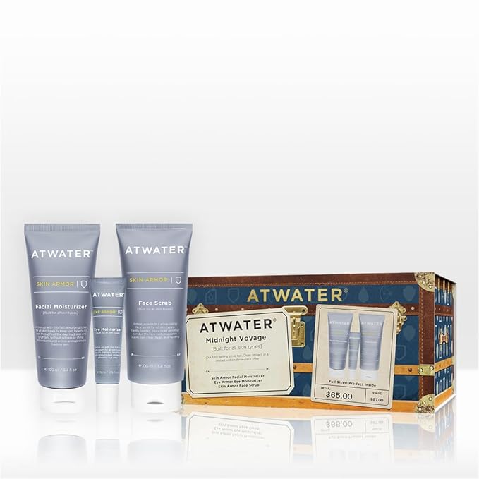 ATWATER Midnight Voyage Gift Set – 3-Piece Men’s Skincare Kit with Face Scrub, Eye Cream & Facial Moisturizer, Clean Skincare Set for Travel & Daily Hydration