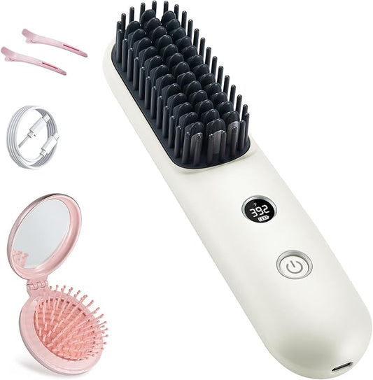 STUDLLY LCD Screen Cordless Hair Straightener Curler 2 in 1, Portable Mini Hair Straightening Brush for Travel Negative Ionic Fast Heating Hot Comb for Women, Folding Brush with Mirror, White