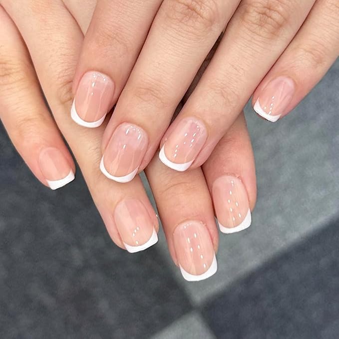 XZMeiLun White French Tip Press On Nails, Extra Short Square Designer, Reusable Acrylic Fake Nails with Glue, Glossy Soft Gel Nails for Wedding and Party, Stick On Glue On Nails for Women - Gift