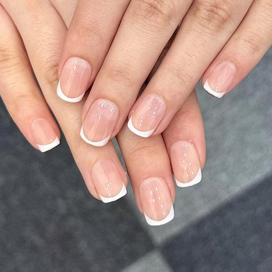 XZMeiLun White French Tip Press On Nails, Extra Short Square Designer, Reusable Acrylic Fake Nails with Glue, Glossy Soft Gel Nails for Wedding and Party, Stick On Glue On Nails for Women - Gift