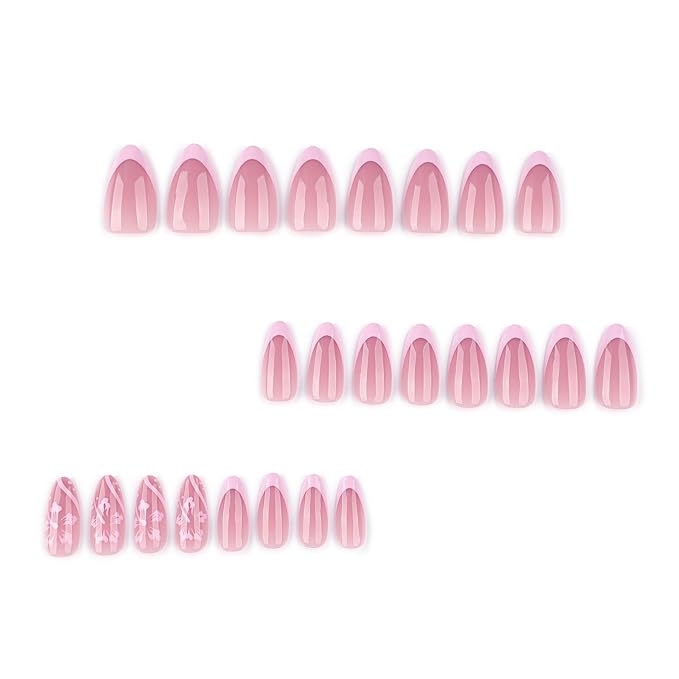 XZMeiLun French Tip Press On Nails Spring Summer Acrylic Nails for Women -Pink Flower Designer Fake Nails Short Almond 24Pcs,Outing/Party Reusable Glue On Stick On Nail Gift For Women