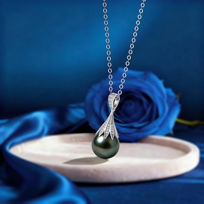 Genuine Tahitian Black Pearl Necklace for Women, 9-13mm AAAA Seawater Pearl - Sterling Silver Moissanite Pendant, Wedding Anniversary, Birthday, Christmas Gift for Wife, Mom, Girlfriend, Fine Jewelry