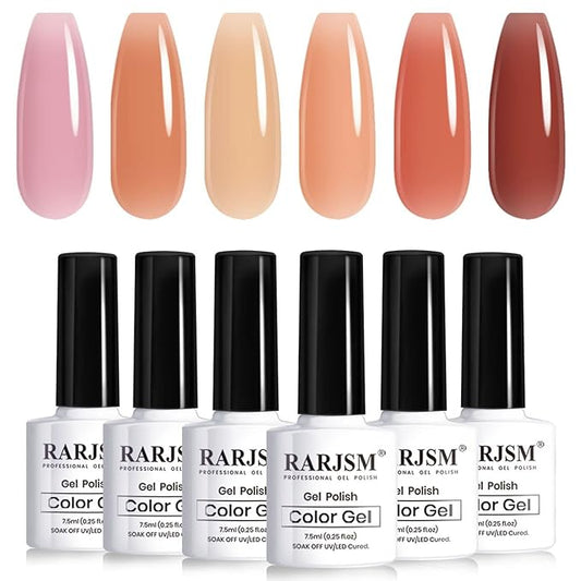 RARJSM Nude Gel Polish Set Pinky Purple Jelly Gel Nail Polish of 6 Transparent Colors Clear Apricot Orange Sheer Brown Coffee Summer Autumn LED UV Soak Off French Manicure Curing Requires 7.5ml