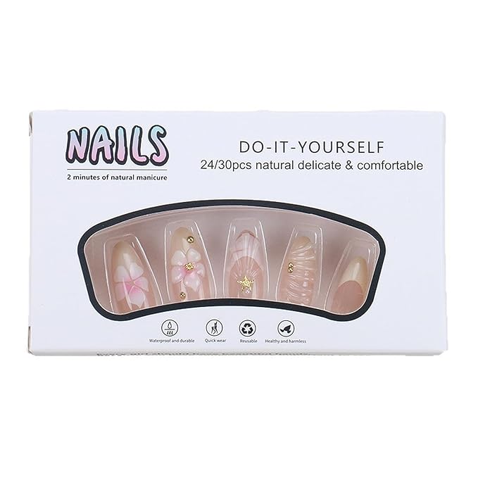 24Pcs Flower Press on Nails Almond for Summer, Ocean Star Shell Pearl Design Floral Fake Nails French Wear Medium Press Ons Nude Stick on Nails False Nails Set for Women