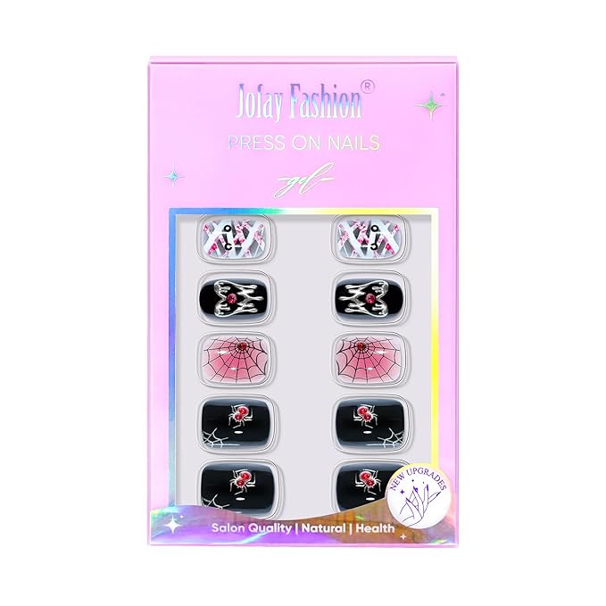 Halloween Press On Nails Short - Mummy’s Crypt,Black Press On Nails Halloween with Spider Web, Acrylic Square Glue On Nails with Nail Glue, Stick On Nails in 16 Sizes - 32 PCS Soft Gel Kit
