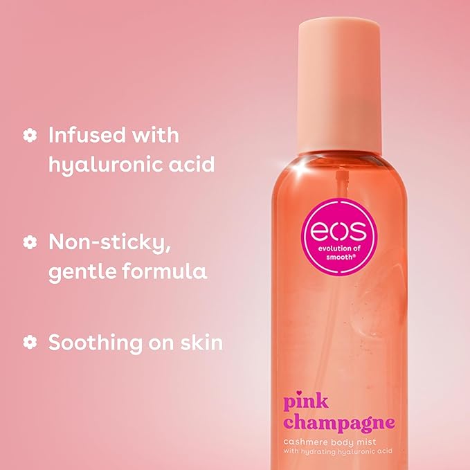 eos Cashmere Body Mist, Pink Champagne, Body Spray for Women, Hair Mist, Moisturizing, Hyaluronic Acid, Glycerin, Vegan, Cruelty-free, 6 fl oz