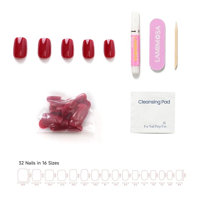 LAMIMOSA 32Pcs Red Press On Nails Short Almond – Soft Gel Fake Nails in 16 Sizes, Reusable Glue on Nails Kit, RASPBERRY