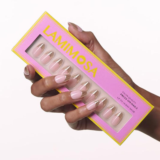 LAMIMOSA 32Pcs Press On Nails Short Almond - Gold French Tip Press on Nails, Soft Gel Fake Nails in 16 Sizes, Reusable Glue on Nails Kit, GOLD BLESSED