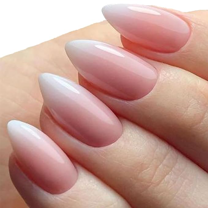 GLAMERMAID Press on Nails Medium Almond, Short Stiletto, Fake Nails Kit, with Glue, Ombre Pink White, French Tip, Brush, Crush, Easy Apply, Acrylic, Fake Nails, for Women, Reusable, Comfort-Fit