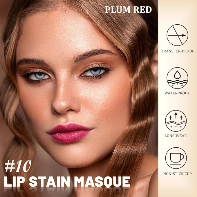 evpct Plum Red Peel Off Lip Stain Tints with Tweezer, Matte Lipstick Lip Stain Gloss Long Lasting Waterproof for Women, Non-stick Cup Lipstick Peel Off High Pigmented 24 Hours Original Lips Stains, 10