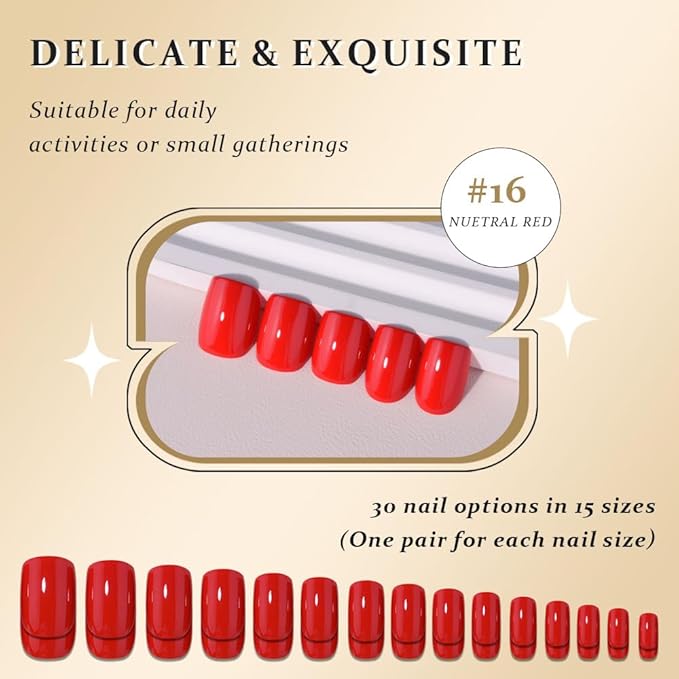 evpct Ruby Red Short Press on Nails Square, Glossy Soft Gel Acrylic Fake Press on Nails Manicure Kit, Reusable Artificial Stick on Nail for Women, Full Cover Easy Application Easy At-Home Salon