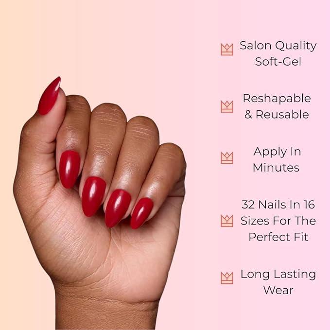 RPNZL Press On Nails - Cherry Bomb | Opaque Bright Red Medium Almond Fake Nails, Salon Quality - 32 Nails, 16 Sizes Kit with Glue and Adhesive Tabs I Female Founded