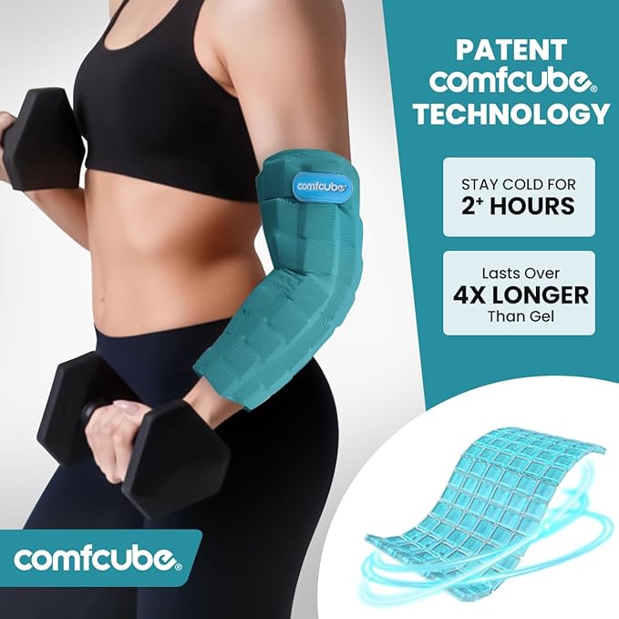 Comfcube Elbow Ice Pack for Tendonitis & Tennis Elbow, 2 Hours Long Lasting Cold Compression Flexible Ice Pack Wrap Sleeve, Pain Relief for Golfers Arm, Arthritis, Injuries