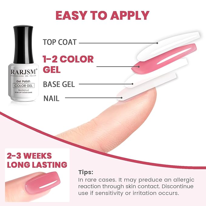 RARJSM Nude Peach Pink Gel Nail Polish Sheer Neutral Skin Tone Color Ice Jelly Rosy Red Pink Gel Polish Transparent Nail GelPolish Soak off UV LED Cured for Home Salon DIY Manicure 15ml Single Bottle