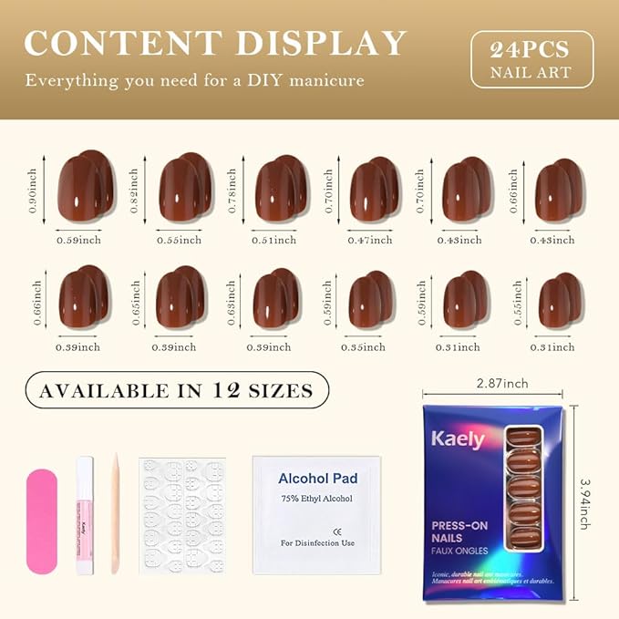 evpct Nude Brown Medium Oval Glossy Press on Nails for Women Gift, Glossy Nude Brown Fake Nail with Kits Manicure Kit, Soft Gel Full Cover Reusable Stick on Soft Acrylic False Nails Perfectly Fit