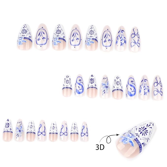 24Pcs Bohemian Style Press on Nails Almond Fake Nails Blue White French Manicure with Bow, Flower,Design Medium Snake Print False Nails Full Cover Artificial Nails Stick on Nail for Women DIY Manicure