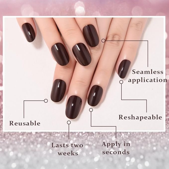 evpct Black Cocoa Medium Oval Glossy Press on Nails for Women Gift, Glossy Black Cocoa Fake Nail with Kits Manicure Kit, Soft Gel Full Cover Reusable Stick on Soft Acrylic False Nails Perfectly Fit