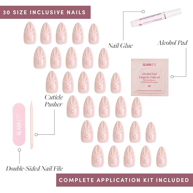 Glamnetic Press On Nails - Honeymoon | Short Almond Nude Fake Nails with 3D Nail Art and Glossy Velvet Finish, Salon Quality | 15 Sizes - 30 Nail Kit with Glue