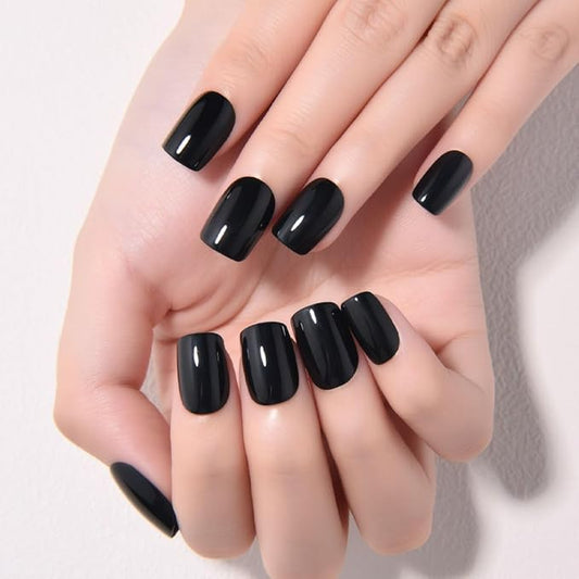 evpct Black Short Press on Nails Square, Glossy Soft Gel Acrylic Fake Press on Nails Manicure Kit, Reusable Artificial Stick on Nail for Women, Full Cover Easy Application Easy At-Home Salon