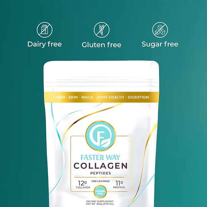 Faster Way - Collagen Peptides - 12g Hydrolyzed Collagen + 11g Protein Per Serving - Hair, Skin & Nails - Amino Acids - Grass-Fed - Sugar, Gluten & Dairy Free - Non-GMO -Unflavored Powder -30 Servings