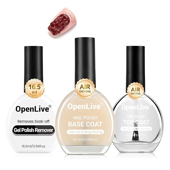 OpenLive 3PCS 16.5ml Quick Dry Base and Top Coat Nail Polish and Gel Remover Set, Base and Top Coat No U V Lamp Curing, Gel Polish Remover for Quick and Easy Removal At Home