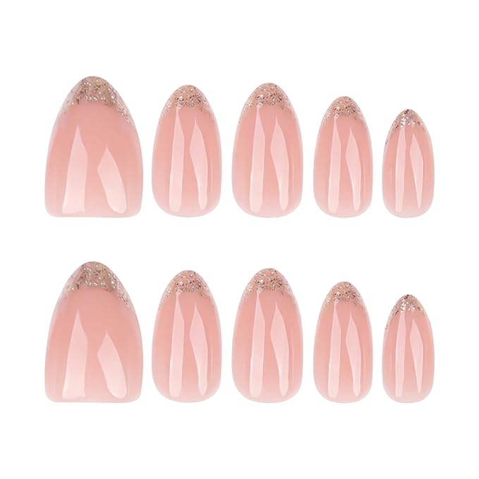 XZMeiLun Press On Nails Spring Acrylic Nails for Women - Gold French Glitter Designer Fake Nails Short Almond 24PCS, Glossy Soft Gel with Glue, Outdoor Picnic/Wedding/Party Reusable Stick On Nails