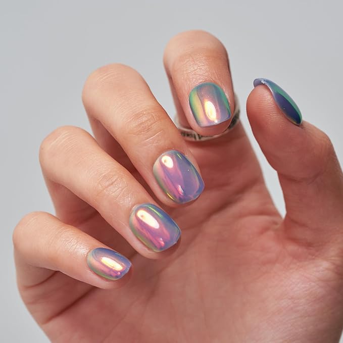 GLAMERMAID Blue Chrome Extra Short Press on Nails, Pearl Fake Nails Short Squoval, Glazed Handmade Jelly Gel Square Glue on Nails, Pure Purple Acrylic False Nails, Glossy Round Fake Nail for Women