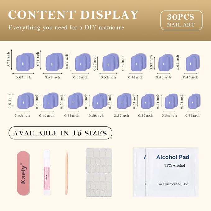 evpct Blue Glossy Press on Nails Short Square, Glossy Blue Fake Nails Summer Reusable, Acrylic False Nail Stick on Press ons for Women Gifts, Perfectly Fit Durable False Nail Kit with Kits 30Pcs