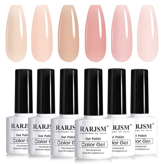 RARJSM Icy Jelly Gel Nail Polish Set of 6 Translucent Colors,Sheer Rose Nude Skintone Gelpolish LED UV Gel Clear Milky Light Pink Red Brown French Manicure Curing Requires 7.5ml DIY Home Nail Salon